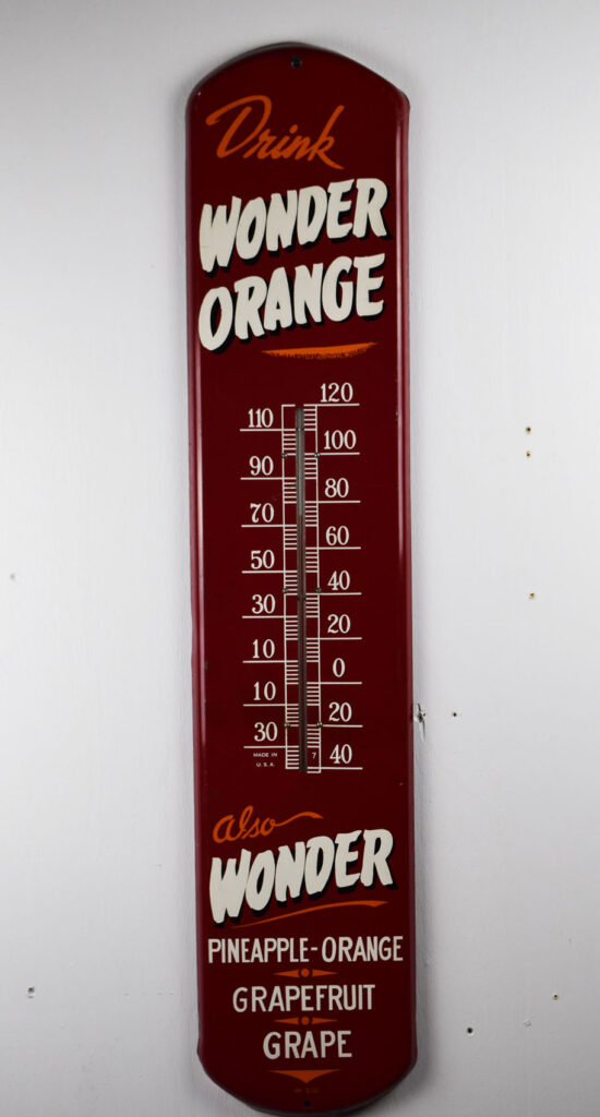 Drink Wonder Orange Tin Thermometer 1940s