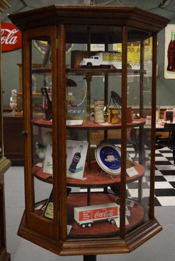 Revolving Octagon Oak Showcase On Ornate Cast Iron Base - Image 6