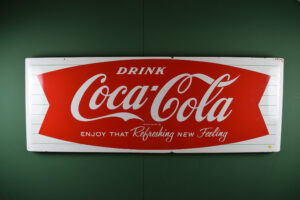 1960s Coca Cola Fishtail Metal Curved End Sign Sled Shape