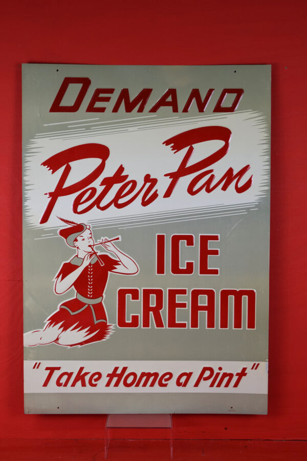 Rare Peter Pan Ice Cream Embossed Tin Tacker Sign 1940s