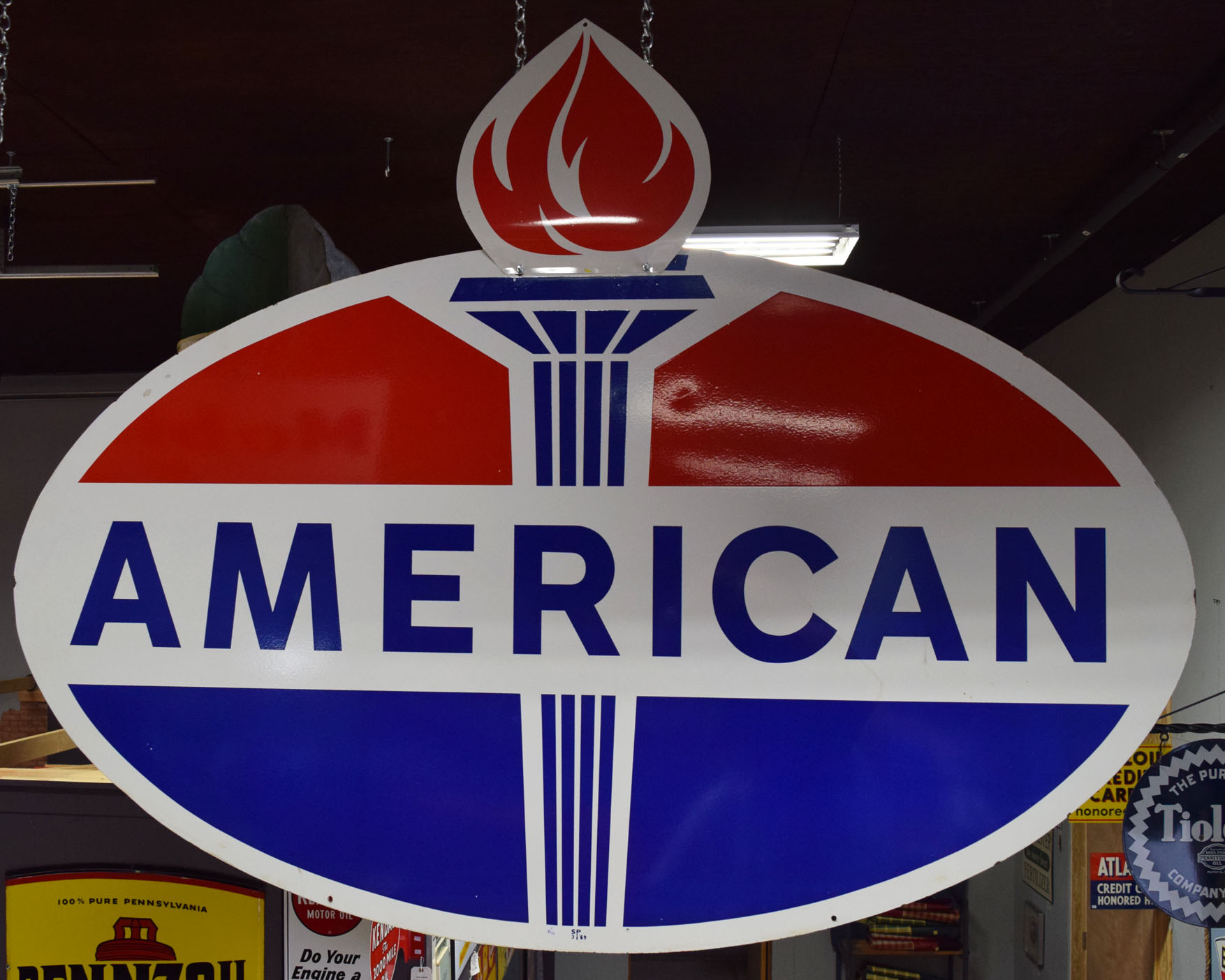 American Gas Double Sided Sign With Die Cut Flame 1969 Amoco