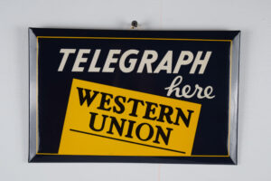 Western Union Telegraph Here Celluloid Easel Back Desk Sign