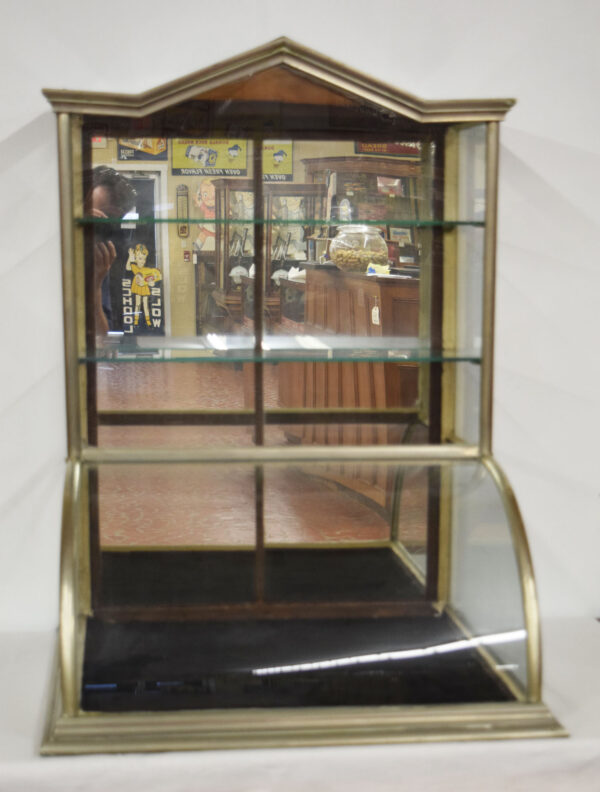 Curved Glass Steeple Top Oak Framed Nickel Counter Showcase