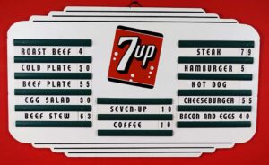 1940s Masonite 7Up Menu Board Soda Fountain Sign N.O.S.