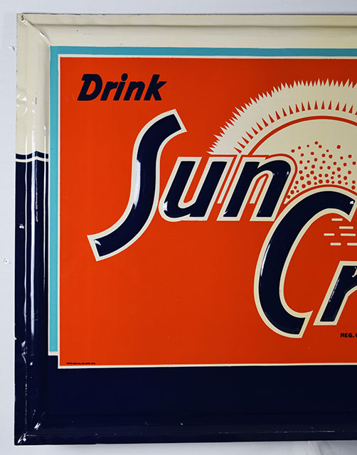 Drink Sun Crest Embossed Metal Self Framed Sign 1940s - Discover