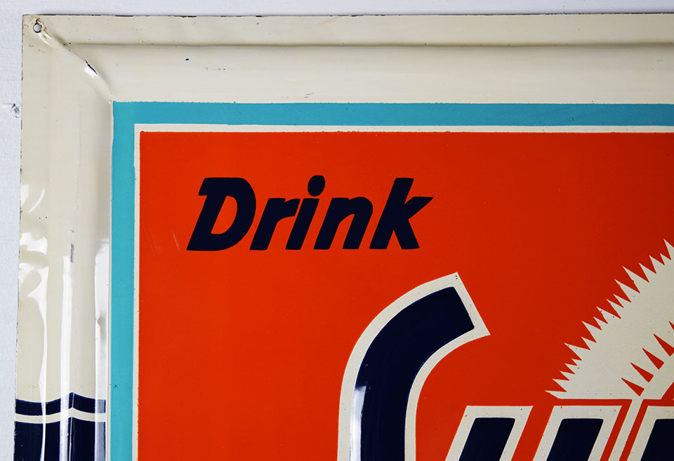 Drink Sun Crest Embossed Metal Self Framed Sign 1940s - Discover