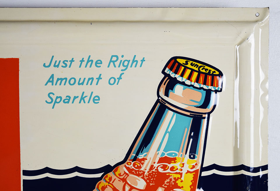 Drink Sun Crest Embossed Metal Self Framed Sign 1940s - Discover