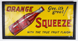 1930s Orange Squeeze Embossed Tin Sign With Frame