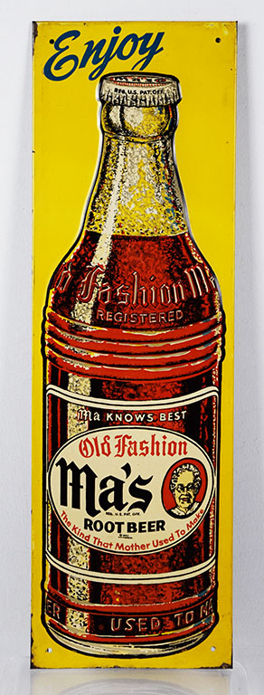 Enjoy Ma's Old Fashioned Root Beer Embossed Bottle Tin Sign
