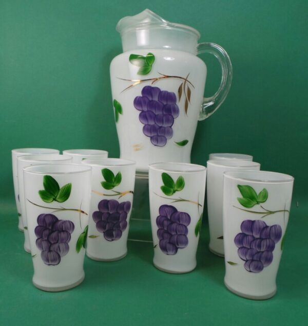 Grape Design Water Pitcher and Eight Glasses