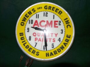 Acme Quality Paint Light Up Clock Owens Greer Dualite