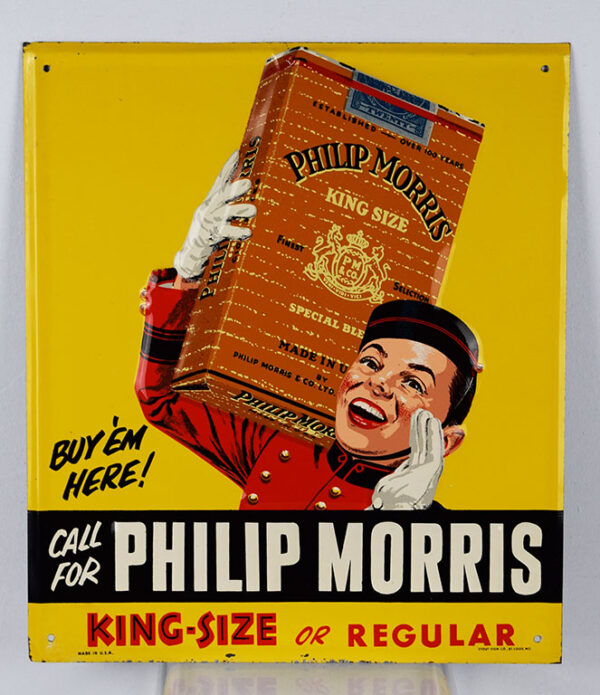Nice Size Philip Morris Buy 'Em Here Embossed Tin Sign
