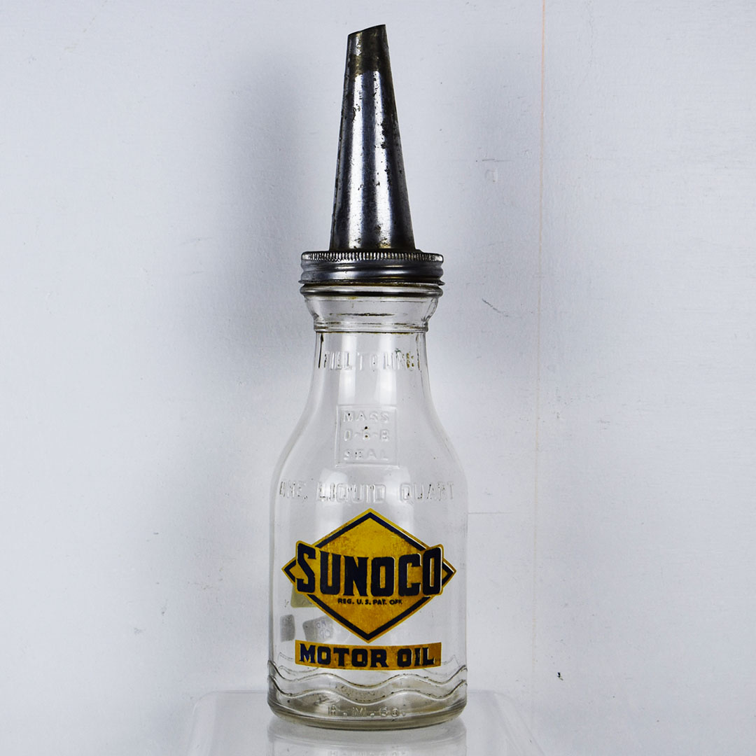 Nice Sunoco Motor Oil Glass Quart Bottle With Metal Spout Discover Studebaker's Vintage