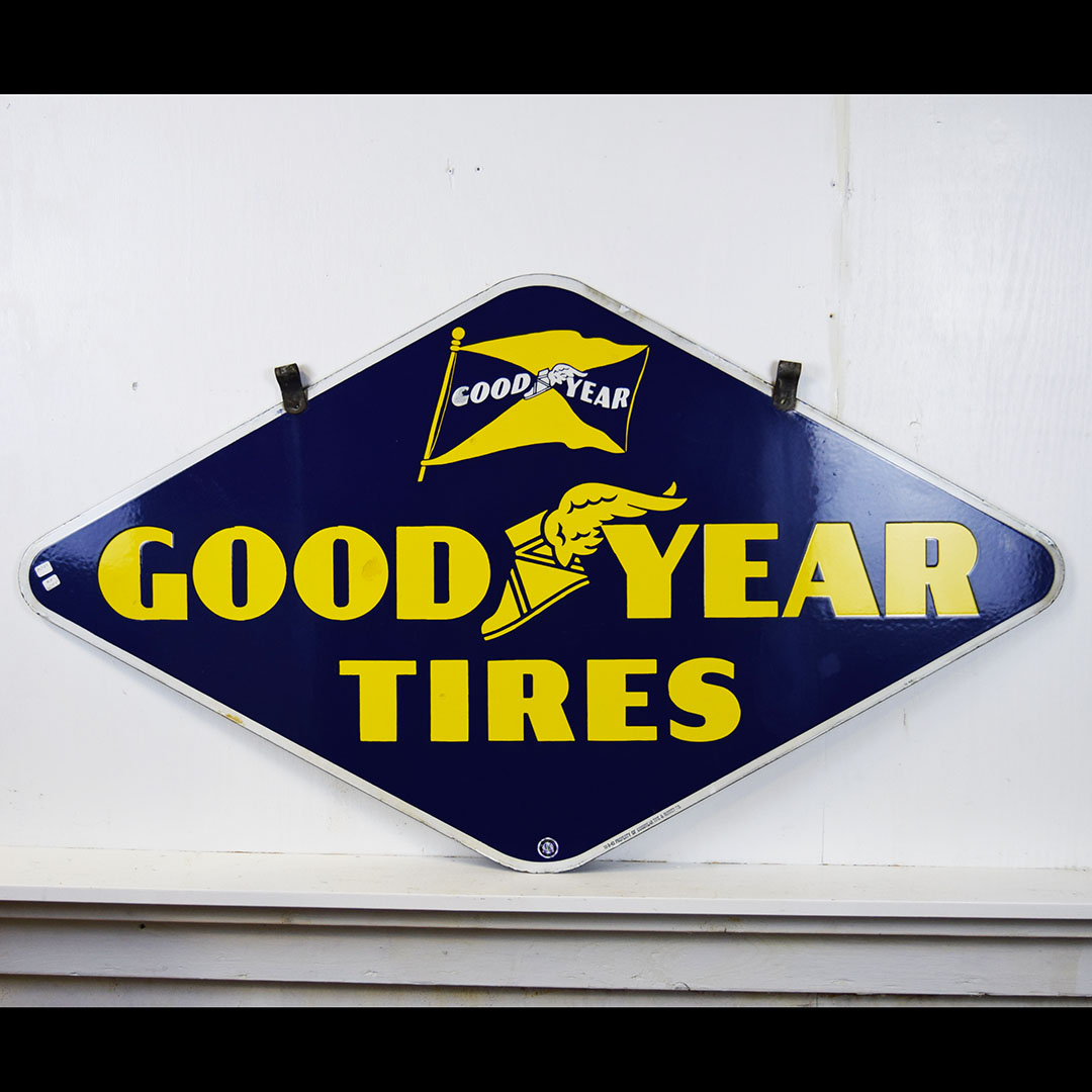 Goodyear Tires Double Sided Porcelain Sign Original Bracket 1940