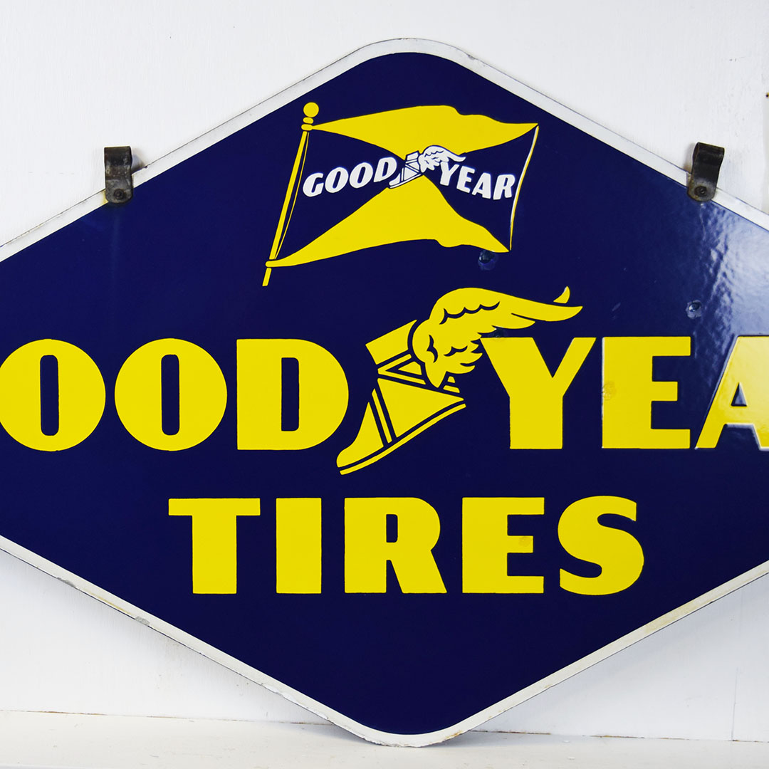 Goodyear Tires Double Sided Porcelain Sign Original Bracket 1940