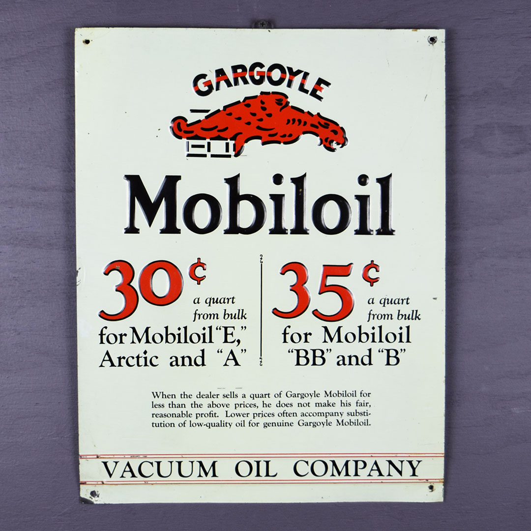 Gargoyle Mobiloil Embossed Tin Sign 30 / 35 Cents Per Quart