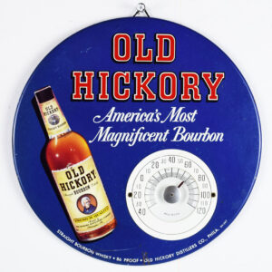 Old Hickory Bourbon Round Metal Thermometer Over Cardboard
