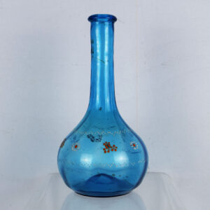Vintage Sapphire Blue Glass Barber Bottle Enameled Flowers