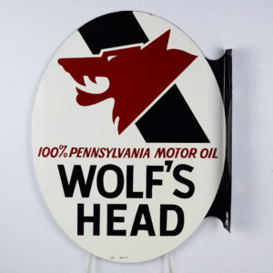 Wolf's Head Motor Oil Oval Flange Sign AM 4-71 Nice Size