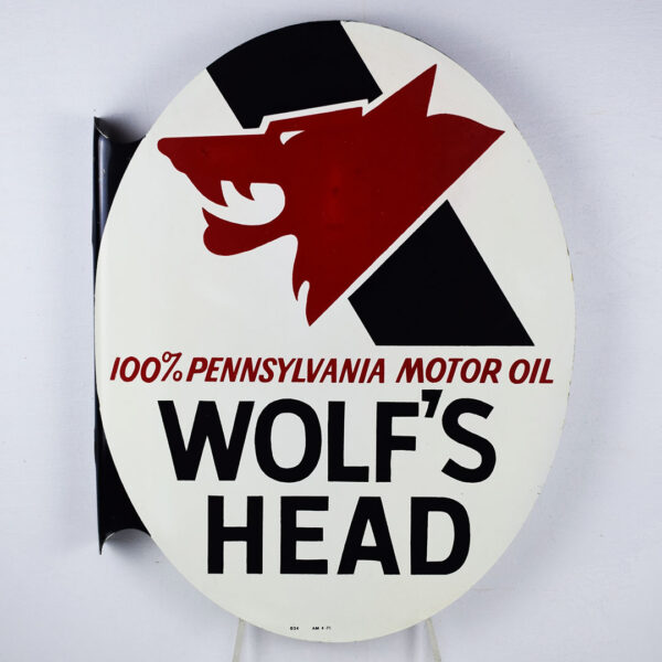 Wolf's Head Motor Oil Oval Flange Sign AM 4-71 Nice Size