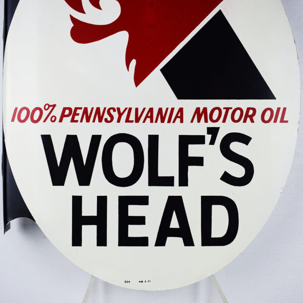 Wolf's Head Motor Oil Oval Flange Sign AM 4-71 Nice Size