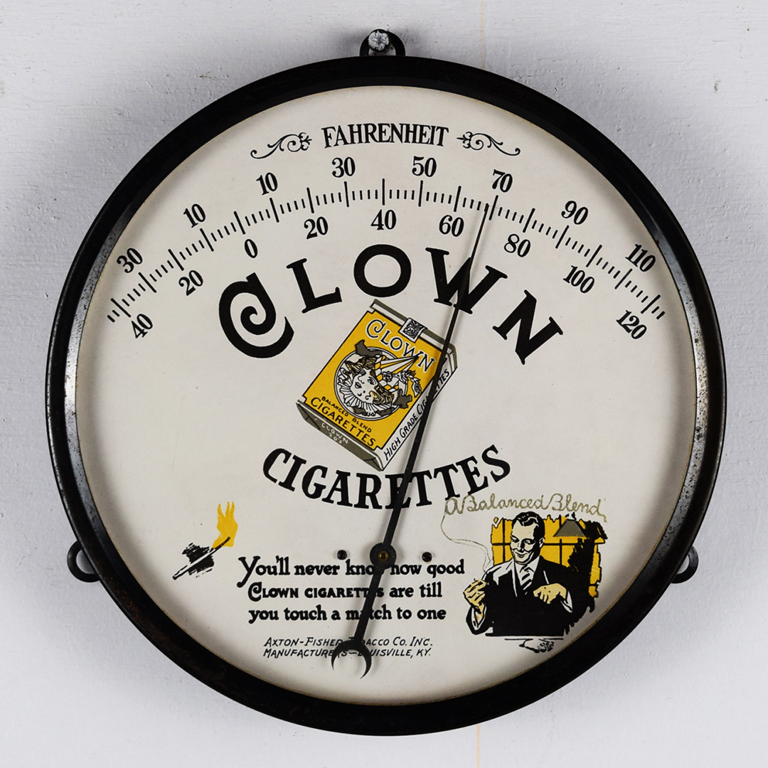 Clown Cigarettes Round Thermometer Axton-Fisher Tobacco