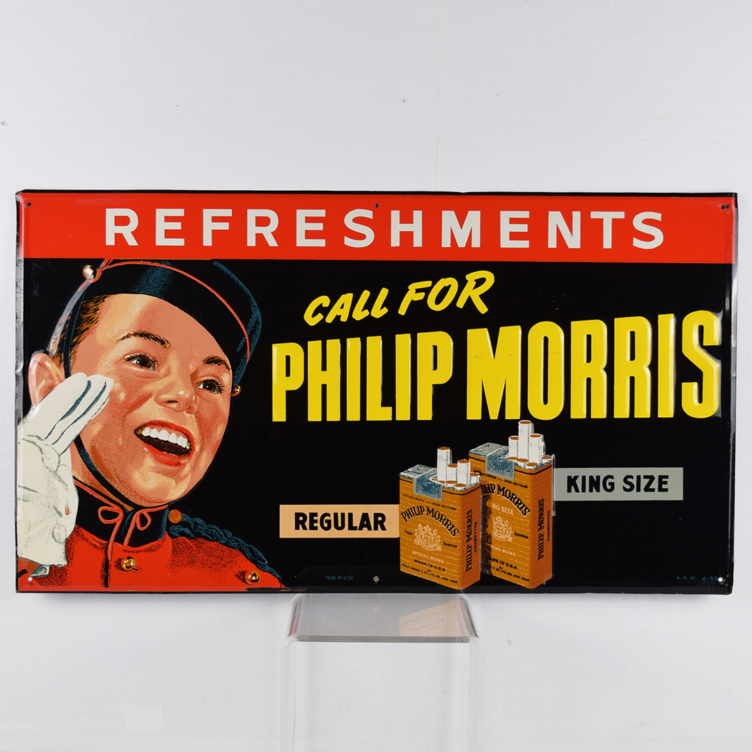 1953 Call For Philip Morris Cigarettes Embossed Metal Sign