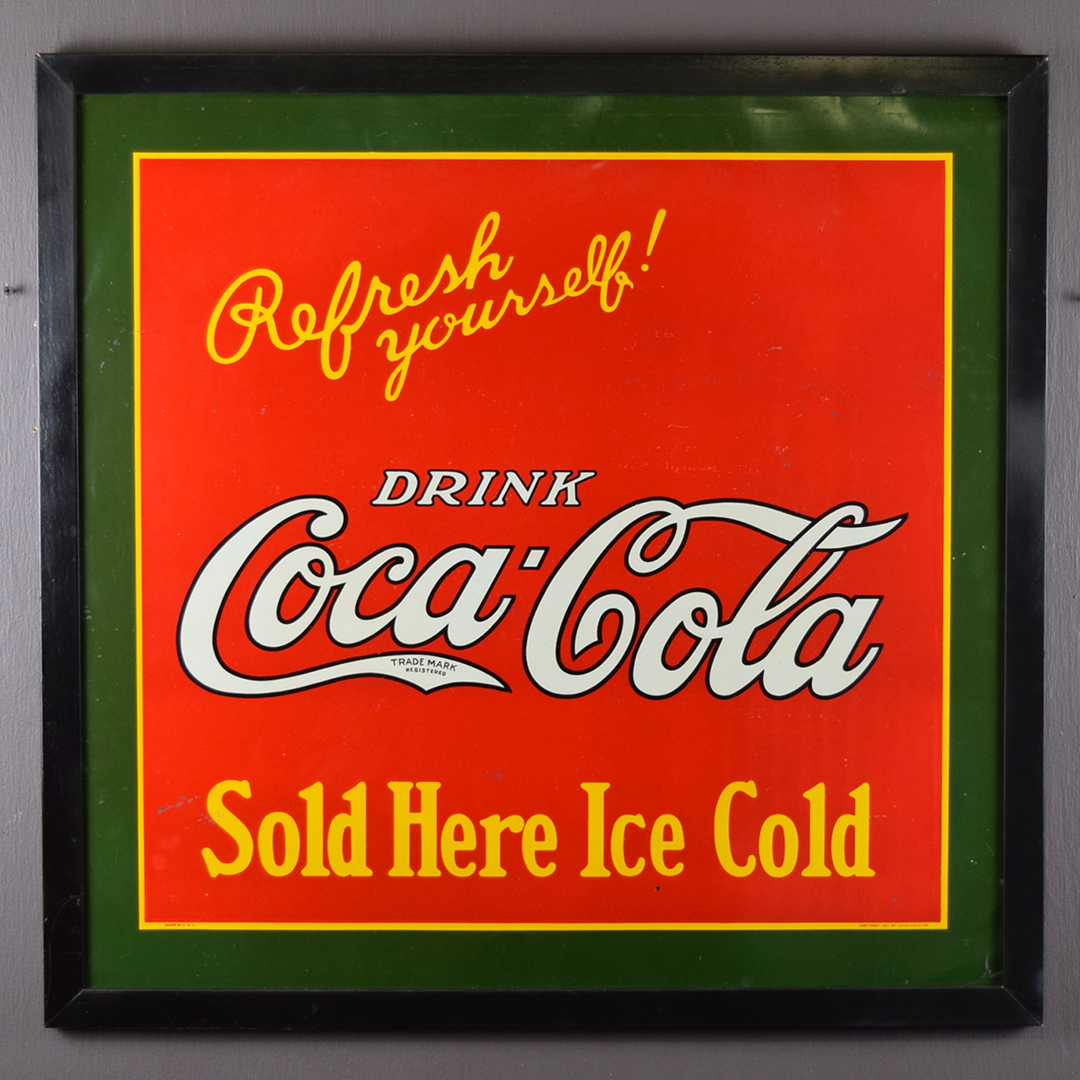 1927 Coca-Cola Refresh Yourself Tin Sign Framed Iconic Logo