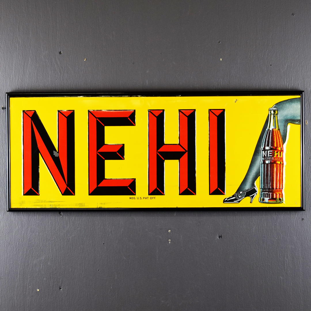 Nehi Beverages Embossed Tin Leg Sign With Frame 30x12