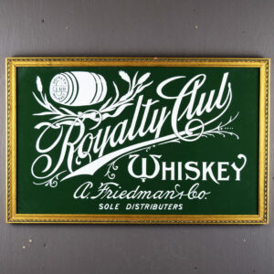 Royalty Club Whiskey Reverse Painted Glass Sign Framed 27.5 Inches Wide