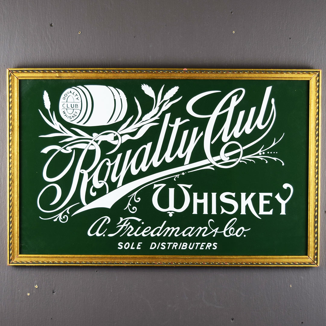 Royalty Club Whiskey Reverse Painted Glass Sign Framed 27.5 Inches Wide