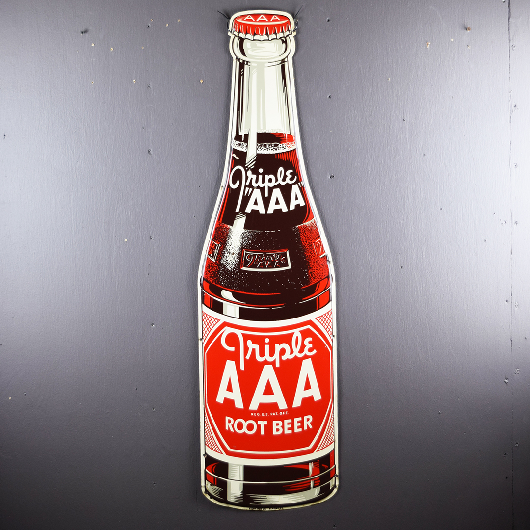 Triple AAA Root Beer Tin Bottle Sign Die Cut 44 Inches Tall