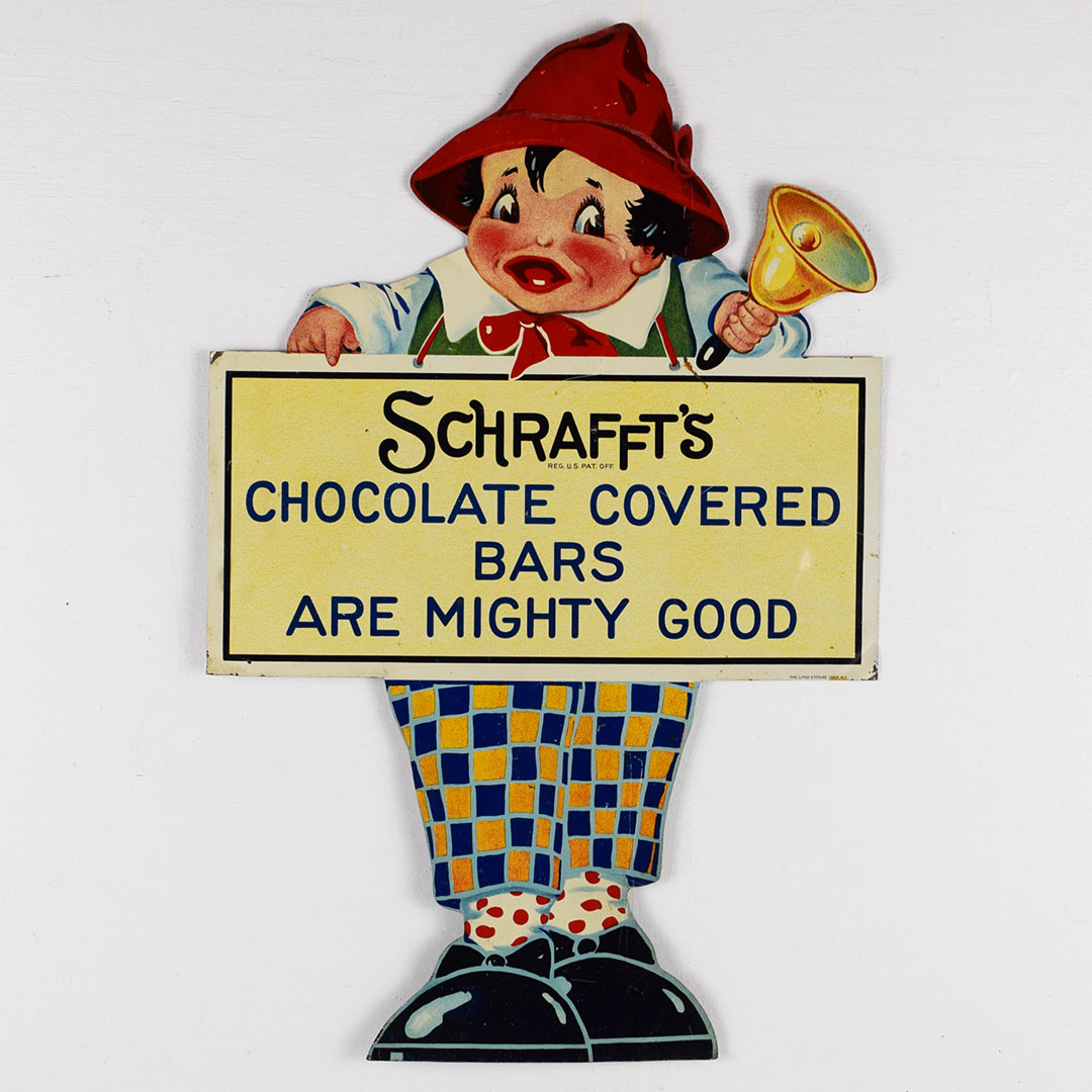 Schrafft's Chocolate Covered Bars Die Cut Tin Sign Rare Schraffts Candy