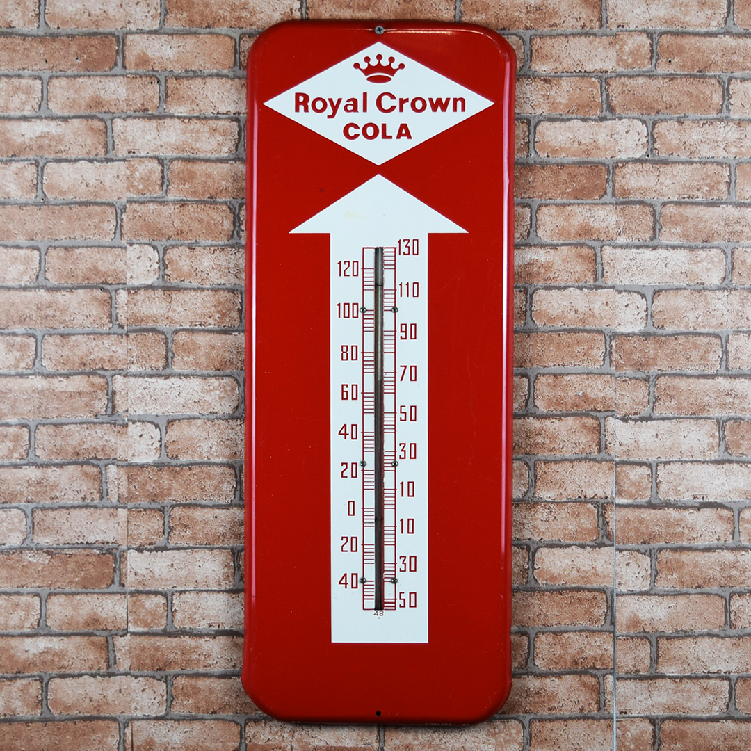 Royal Crown Cola Metal Thermometer Red Back White Arrow