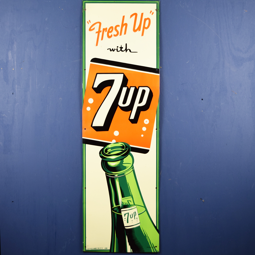 7UP Embossed Tin Sign - Fresh Up With 7UP Stout Sign 1953