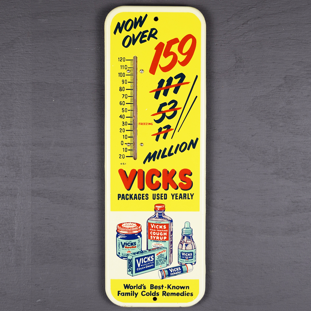 Vicks Cold Remedies Single Sided Tin Thermometer 1950s