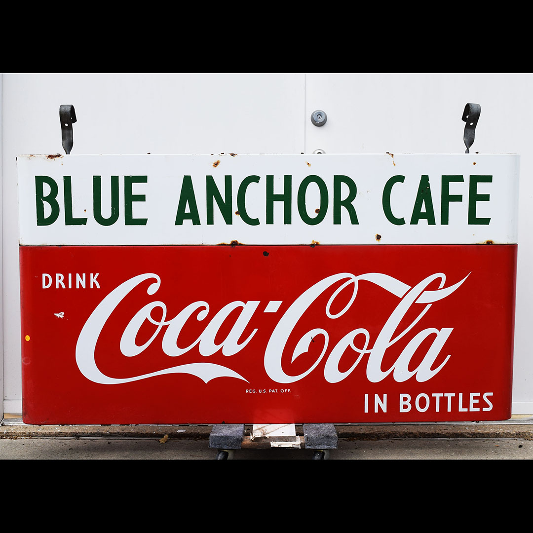 Coca Cola Double Sided Metal Sled Sign With Blue Anchor Cafe