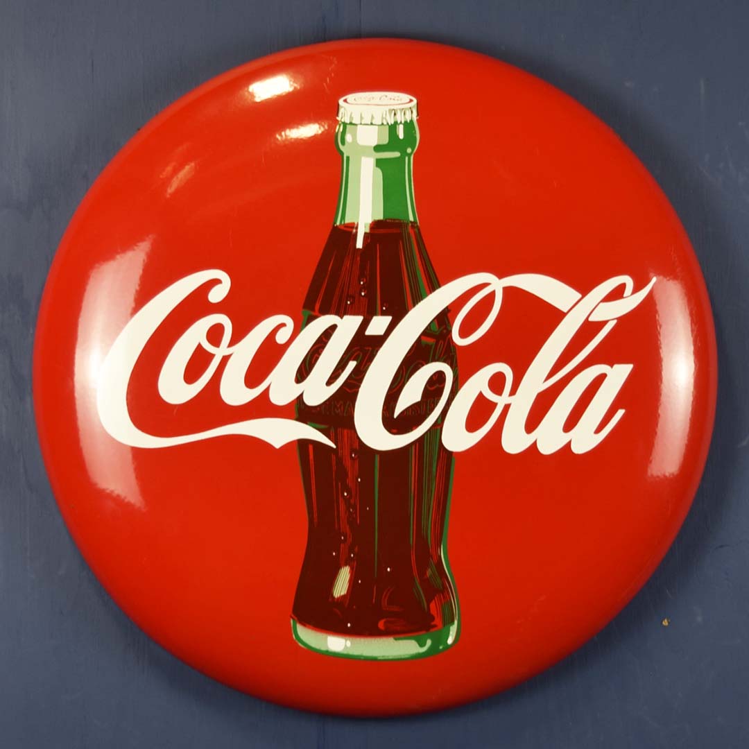 24 Inch Coca-Cola Button Sign With Hobbleskirt Bottle Porcelain